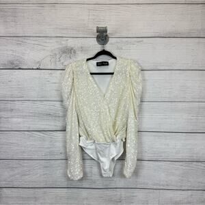 White Birch Plus Size White Sequin Puff Long Sleeve Bodysuit Size 1X